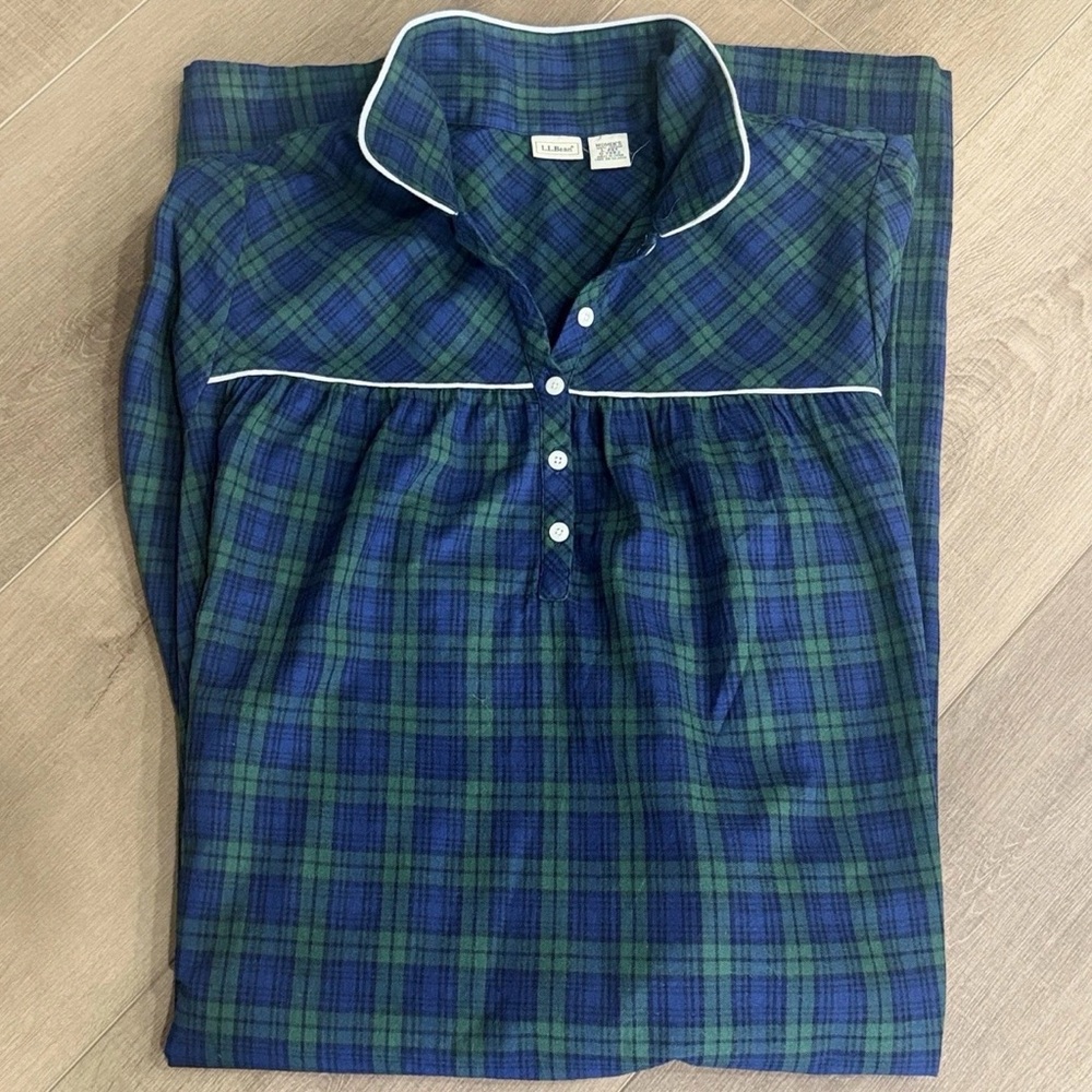 LL Bean Nightgown Women L Pet Tartan Green Flannel‎ Collar Classic Grandma Flaw
